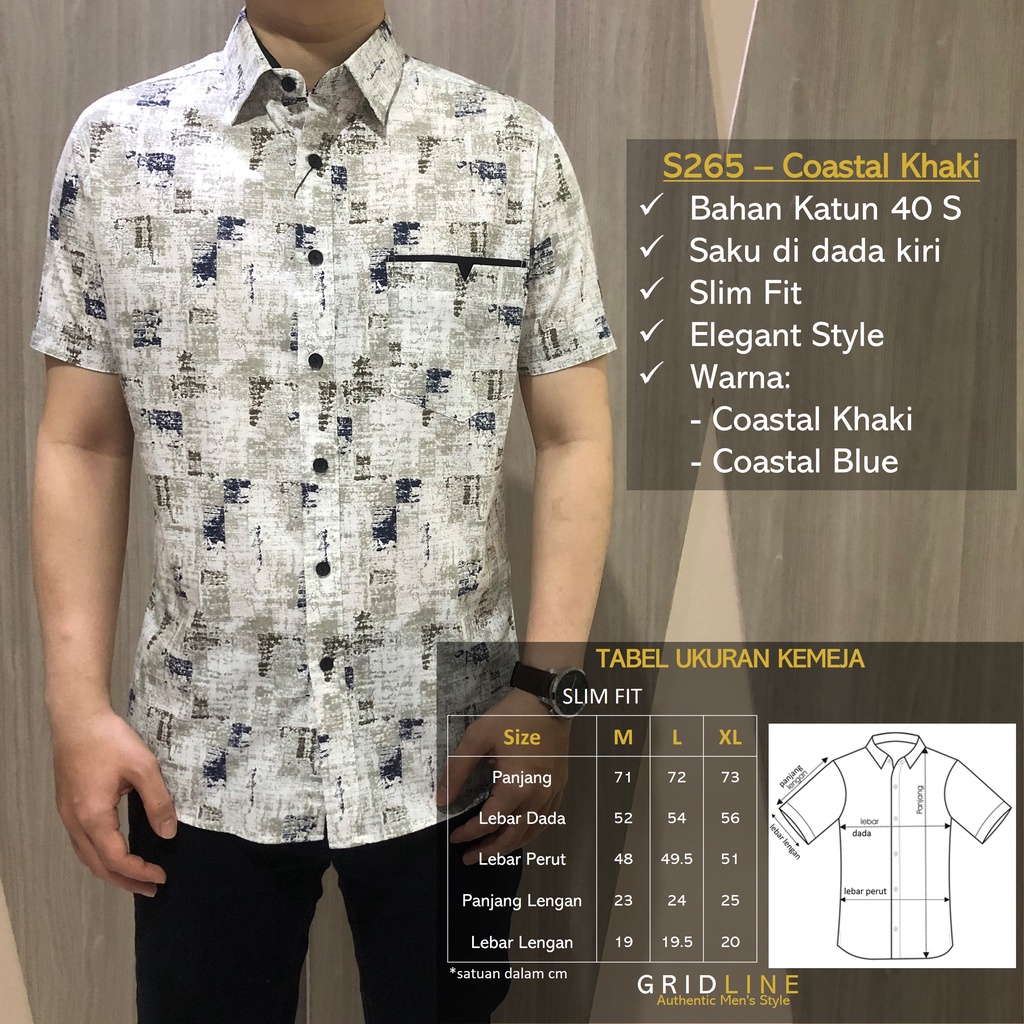 [GRIDLINE - S408 Ocean Navy] Kemeja Print Pria Lengan Pendek Slimfit FULL KATUN Tebal Adem Simpel