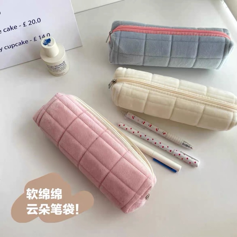 PREMIUM TEMPAT PENSIL BANTAL BULU / KOTAK PENSIL BULU HALUS MUJI STYLE / SIMPLE COLORFUL PENCIL CASE / TAS PENA KAPASITAS BESAR / TEMPAT PENSIL BULU HALUS MODEL JAHITAN KOTAK / GIFU PENCIL CASE / KOTAK PENSIL KOREA