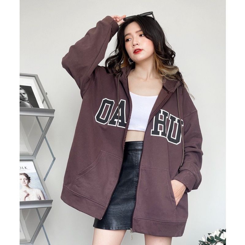 Jacket Zipper Oversized Boy Girl (S - 6XL) Zip Hoodie OAHU Brown BIG SIZE Jaket Resleting Unisex Korean Street Style Coklat Tua Jumper Fleece Beige peach