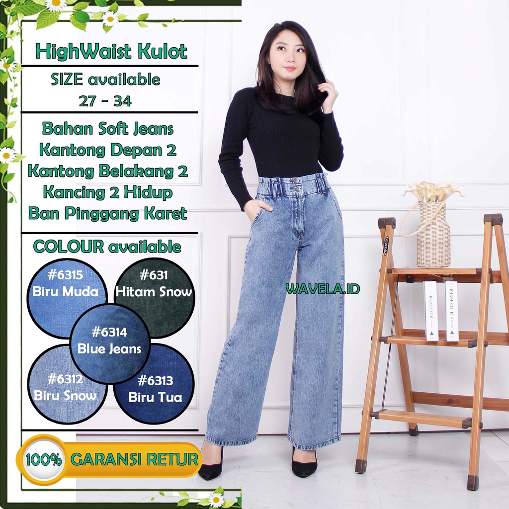 Celana Kulot Jeans Wanita Pinggang Karet HighWaist Loose Basic Kancing 2 Premium Kekinian