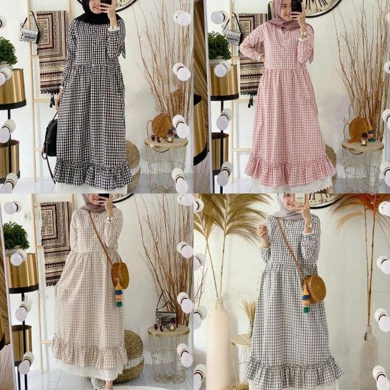 [KODE PRODUK SEVGO3388] [ARFA STYLE] Zeline Maxi - Dress Muslim Gamis Motif Kotak Bahan Katun Terbar