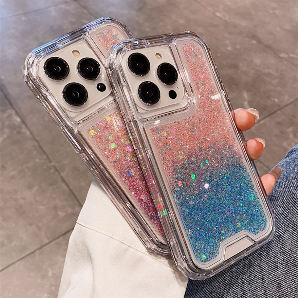 IPHONE Casing Ponsel 3in1 Sequin Gradasi Glitter Bening Untuk Iphone11 12 13 14 Pro Max7 +8 14 Plus12 13 Casing Mini X XR XS Max Sparkling Shockproof