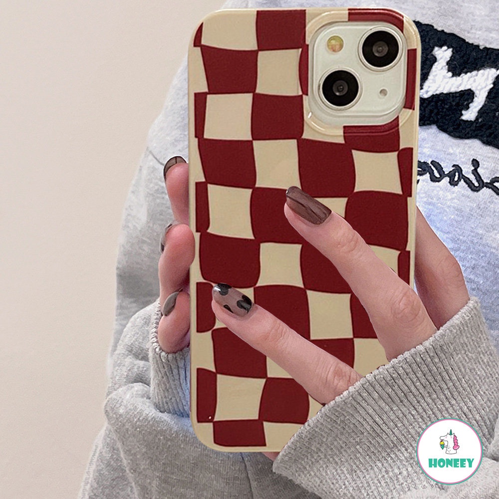 IPHONE Fashion Anggur Merah Kisi Grid Glossy Casing Ponsel Untuk Iphone14 13 12 11 Pro Max Halus Tipis Lembut TPU Belakang Ponsel Cover