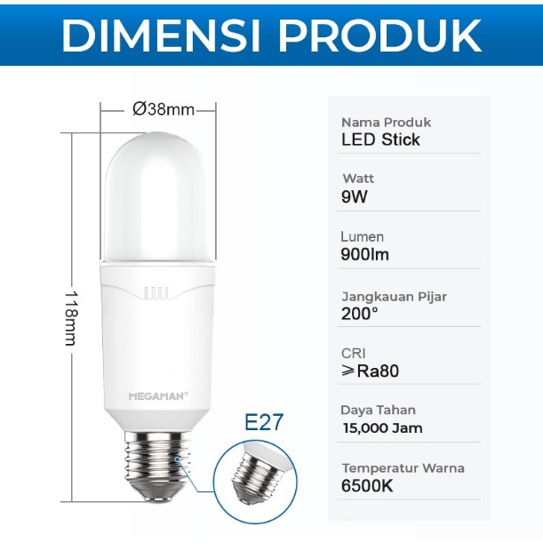 LAMPU LED / BOHLAM MEGAMAN P-BULB YTP38Z1 9W / 9 WATT (GARANSI RESMI) - 6500K PUTIH