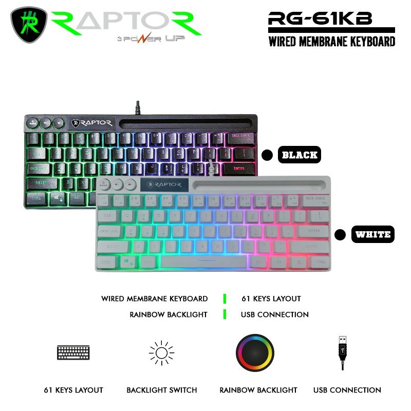 Raptor 61KB Keyboard Wired Membrane 61 Keys Rainbow Backlight