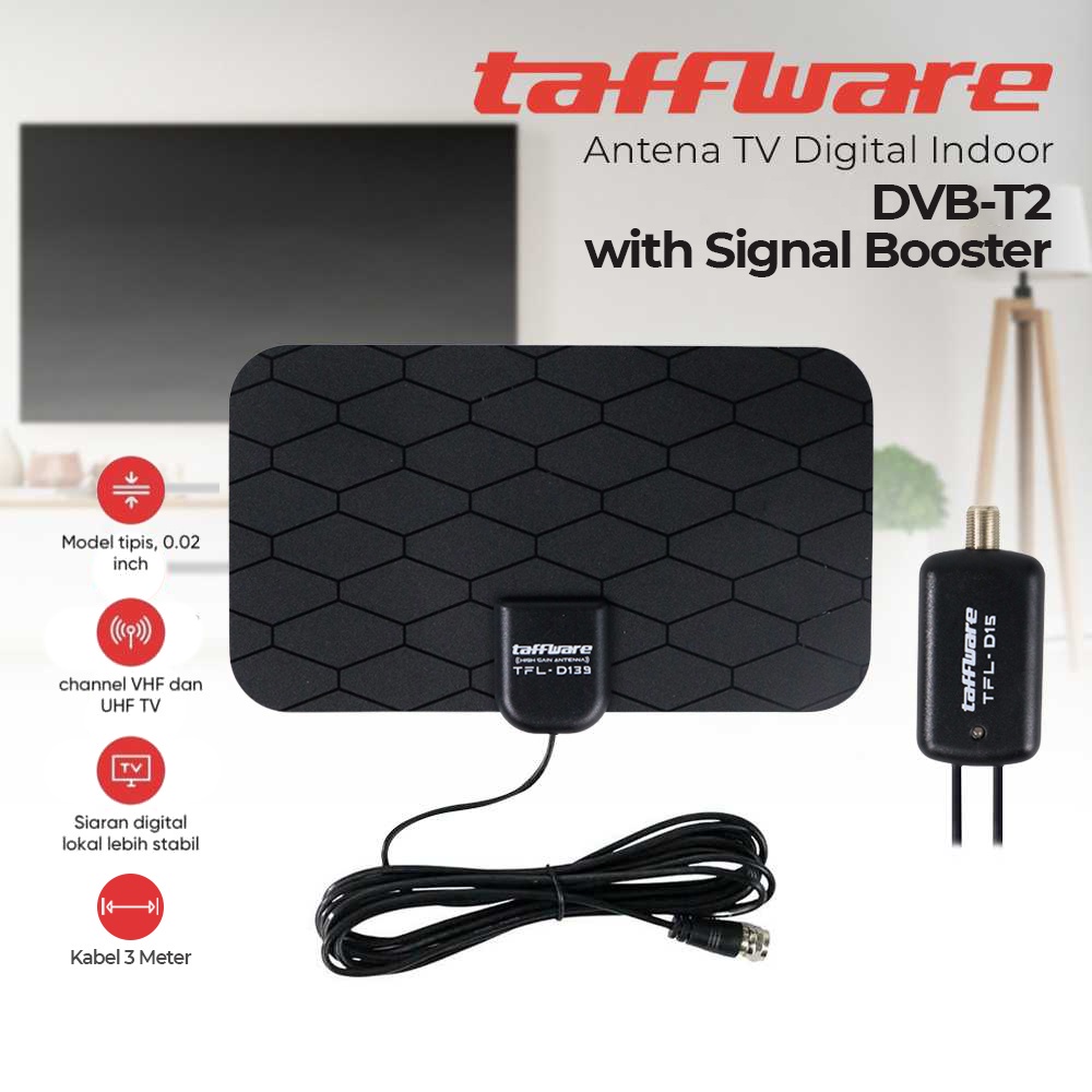 ANTENA TV DIGITAL ANALOG INDOOR DVB-T2 HIGH GAIN 25-DB TFL-D139 ORIGINAL TAFFWARE