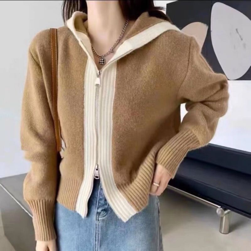 QUEEN SAKURA - Q3737B - CONTRAST HOODIE KNIT JACKET  IMPORT - JACKET HOODIE ZIPPER RAJUT CASUAL KORE