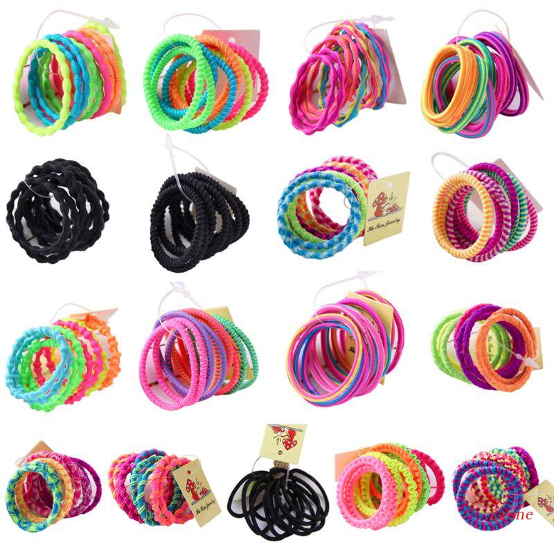 Zzz 10Pcs Anak Perempuan Karet Elastis Gelang Neon Warna-Warni Tali Rambut Bergelombang Spi