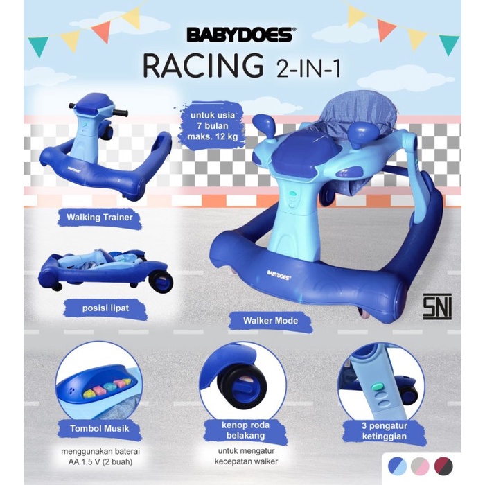 Wako Babywalker Babydoes Racing 2In1 / Alat Bantu Jalan Bayi