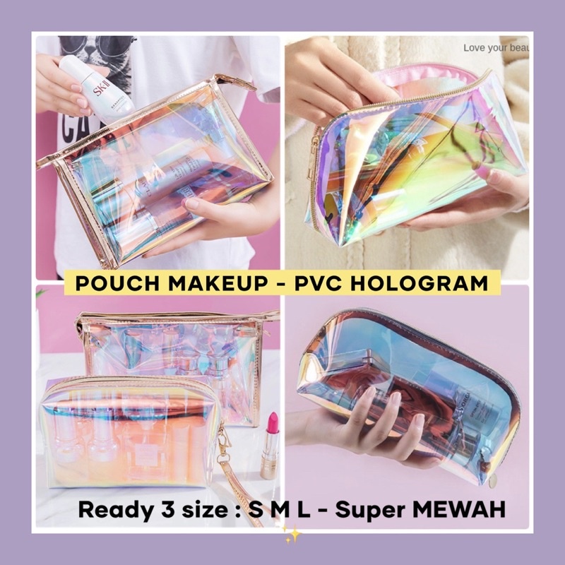 DOMPET MAKEUP TRAVEL POUCH HOLOGRAM PVC Transparan Premium Glitter Gold  Tas Makeup Mermaid Tempat Pensil Pouch Serbaguna