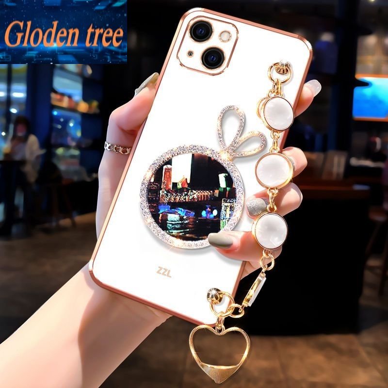 Casing Ponsel Pohon Gloden Untuk Infinix Hot8 8Pro 9 9Pro 9Play X680 10x682 10Play 11Play 10S 10T 10S NFC 11 12 12i Shell Rabbit Vanity Mirror Dengan Gelang Permata