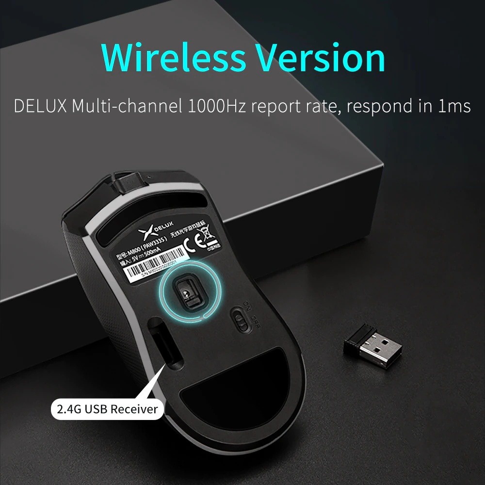 Delux M800 Gaming Pro Mouse 2.4G Wireless / Wired / Bluetooth RGB Light PAW 3370 sensor Multi-Devics