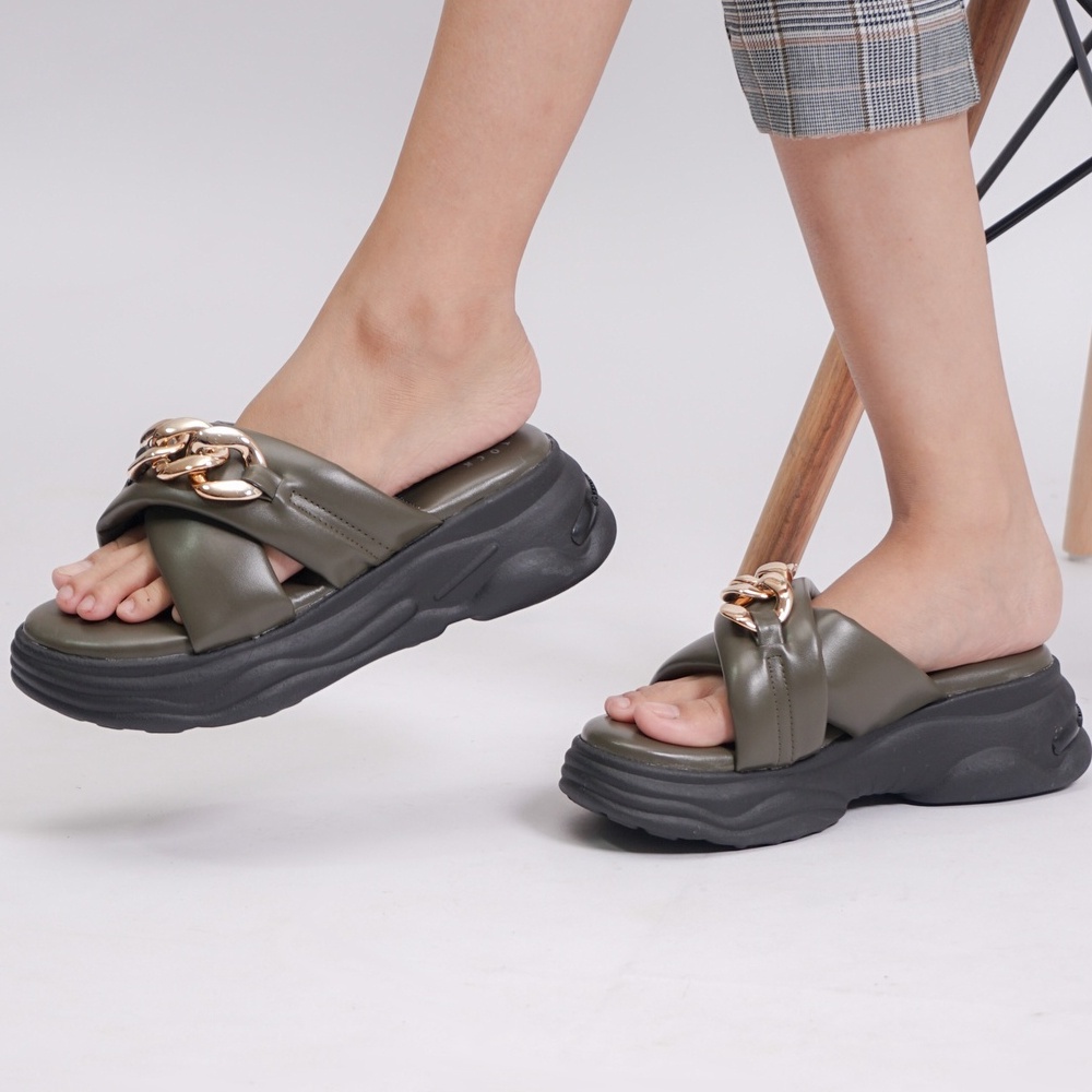 SARASARA YUK - Dunkenstock CHARLEE Sandal Wanita Wedges Silang Chain Tinggi 5cm Size 36 - 40 Casual Sendal Platform Bellezza 37 38 39 Santai Slop Belleza Warna Army Green Sage Selop Premium Original Beleza Kekinian Terbaru Shoes ORI Mall Official Store