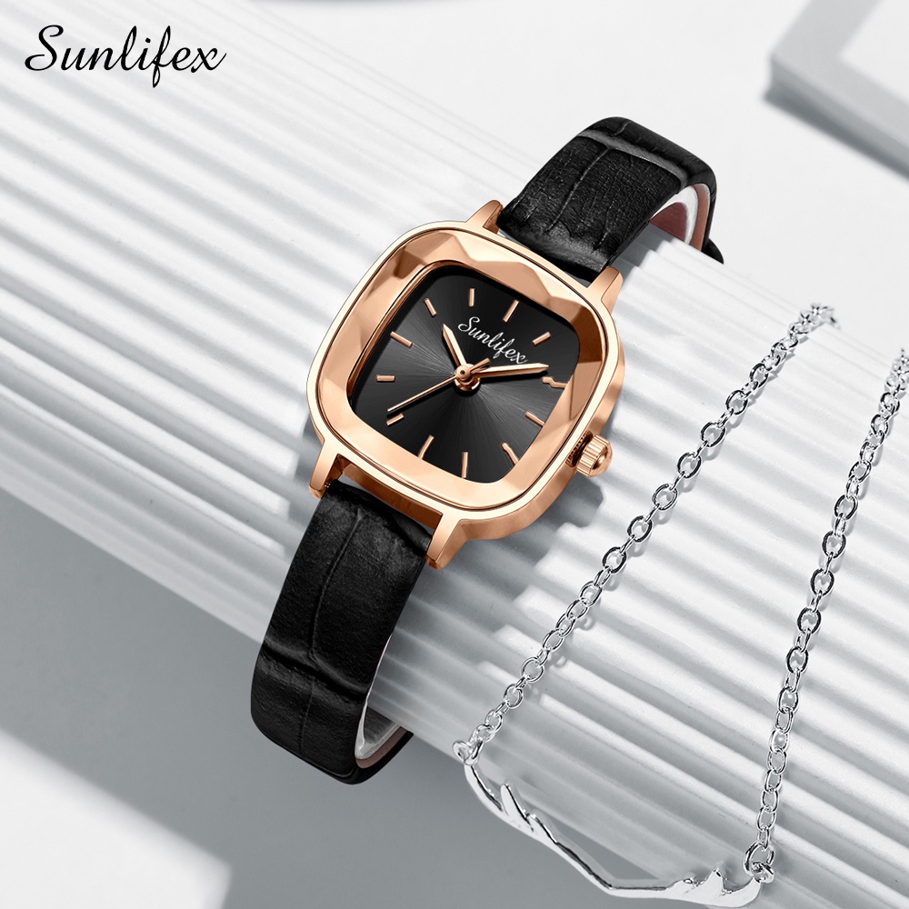 Sunlifex Jam Tangan Wanita Kecil 8003 Jam Original Square Dial Tali Kulit Jam Tangan Cewek Anggun Santai