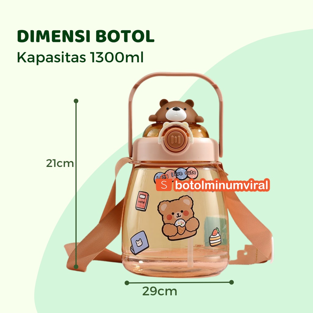 Botol Gemoy 1.3 liter Bening Viral Karakter Sedotan Tali Free Sticker Bear Rabbit Fox