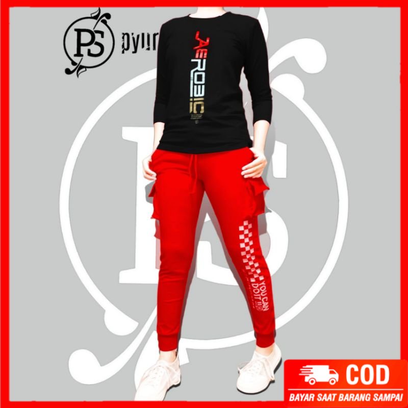 Pyur Sport Baju Senam - Setelan Jogger Panjang Cargo Warna Atasan Tshirt Lengan 3/4 Dasar Hitam - Gy