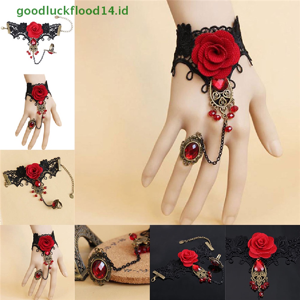 [GOOGFOUR] Hot New Gelang Mawar Merah Renda Gaya Gotik Elegan Dengan Cincin Jari Yang Dapat Disesuaikan [TOP]