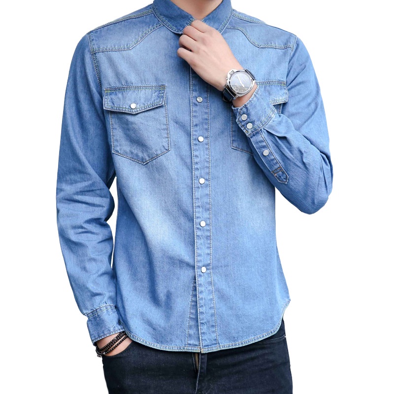 Pria Kemeja Denim  Korea Tren Slim-Fit Panjang Lengan Kemeja Pria Pria  katun Denim