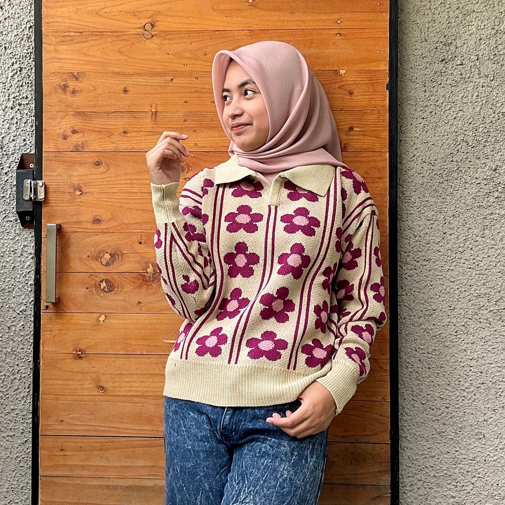 Gaby Polo Knit Sweater Premium Motif Bunga by Magra