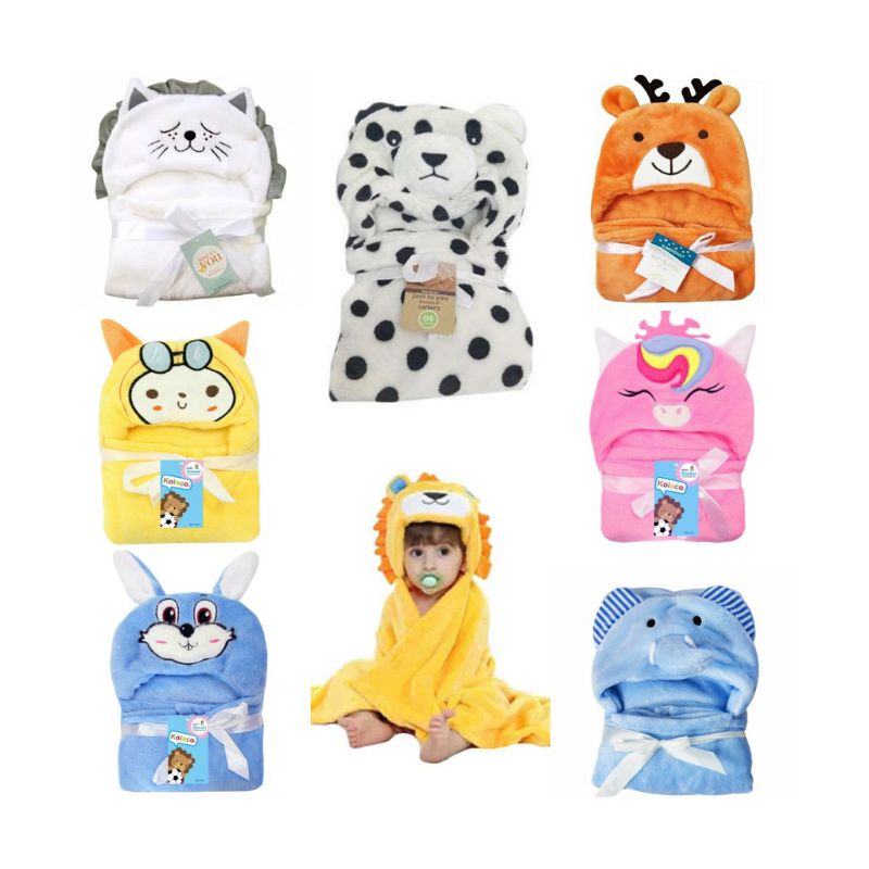 Selimut Bayi Topi Boneka / Selimut Bayi Karakter Fleece Ukuran 76x80 cm