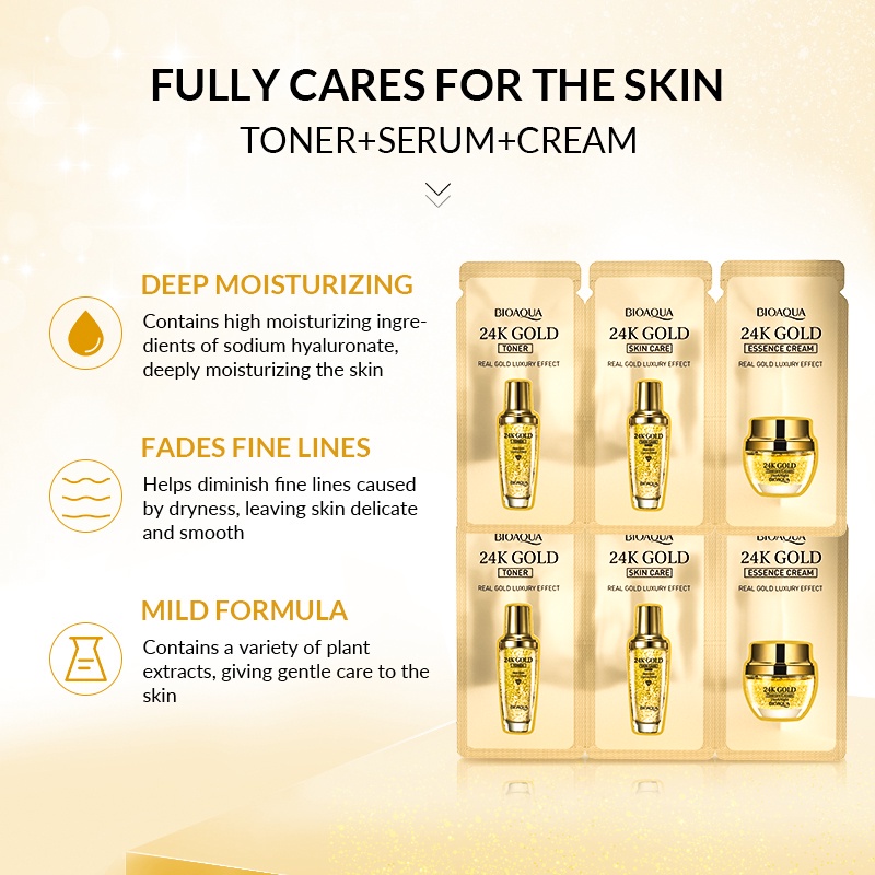 【BPOM】BIOAQUA 24K Gold Facial Trial Kit (3g+3g+3g) ×10pcs Contains toner/serum/essence cream