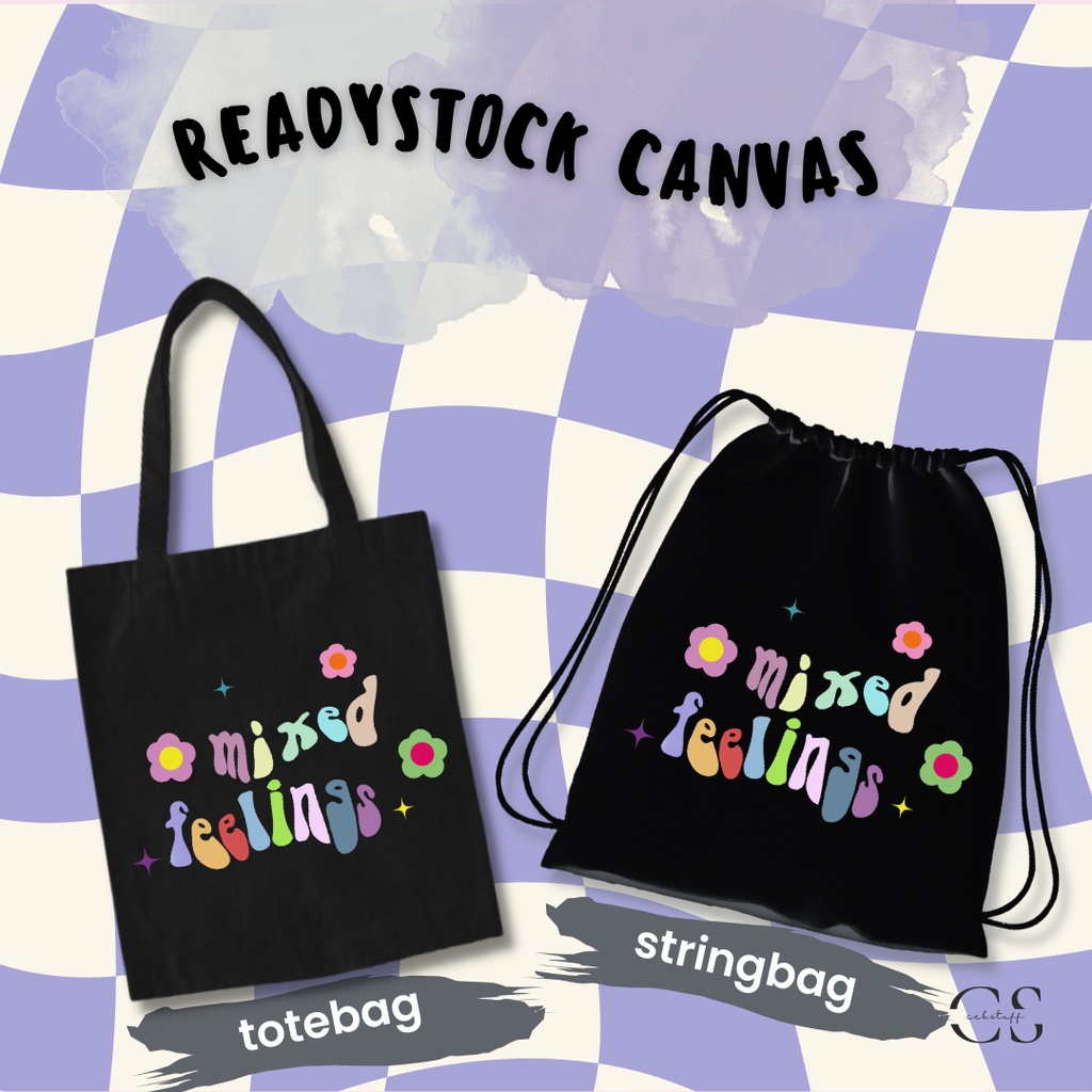 (30x40) TOTEBAG KANVAS HITAM &amp; STRINGBAG MIXED FEELINGS / TAS SERUT SATUAN / TOTEBAG KANVAS AESTHETIC MURAH / TOTEBAG KULIAH MOTIF / TAS SEKOLAH / TAS RANSEL AESTHETIC / STRINGBAG AESTHETIC / STRINGBAG SEKOLAH / TAS GENDONG SERUT