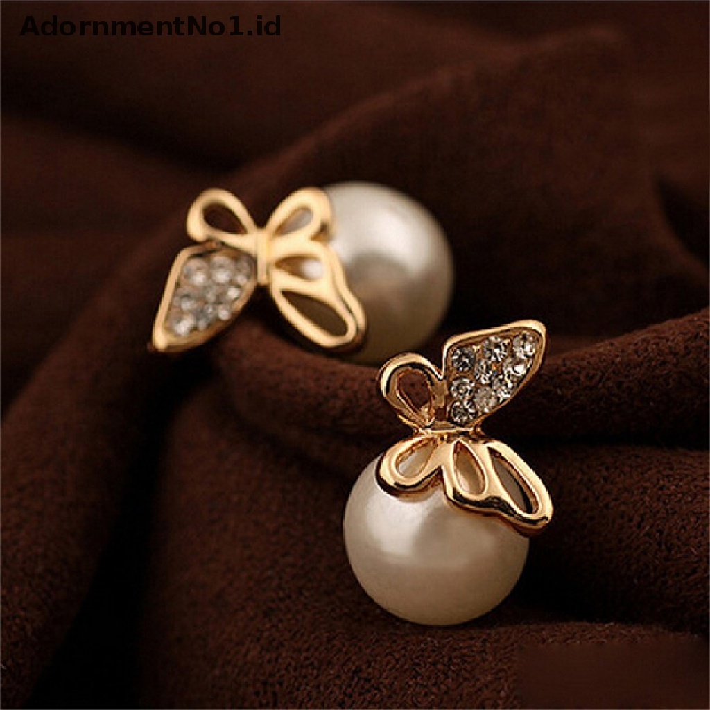 [AdornmentNo1] Fashion Baru Perhiasan Wanita Kristal Emas Kupu-Kupu Mutiara Ear Stud Earrings Earbob [ID]