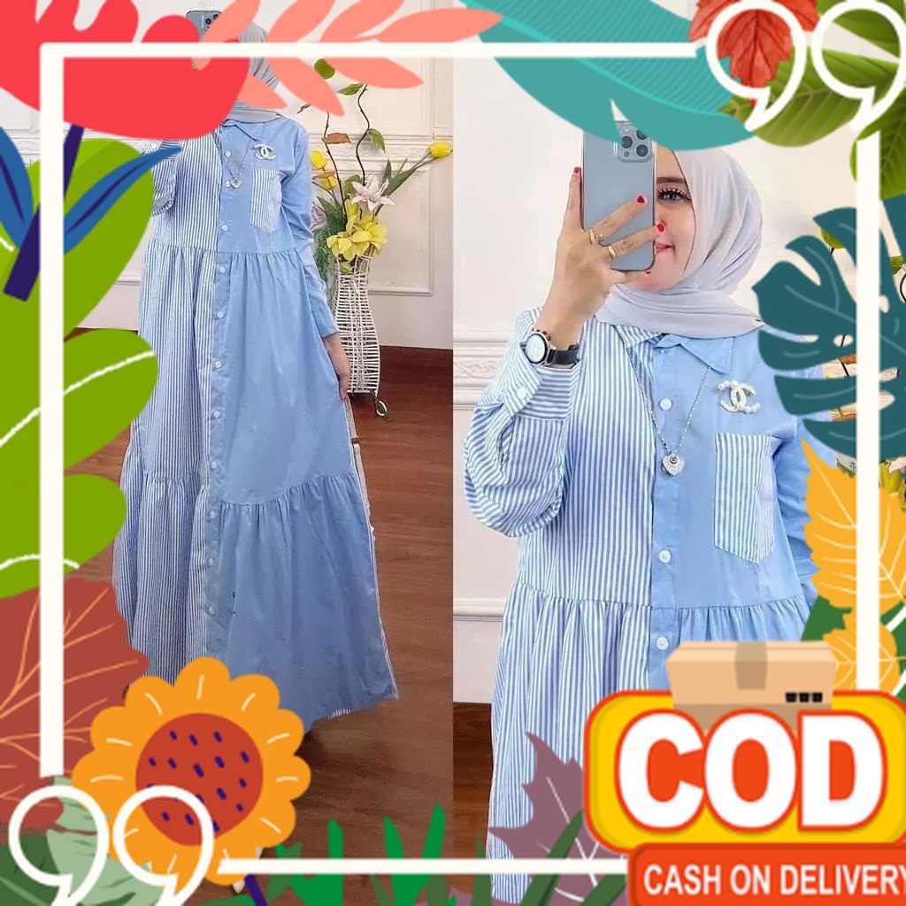 Biru Tua muda Blue sky / COD - Belvina Dress Gamis Premium Salur Two Tone Katun Daily Wear Ld 110 Fi
