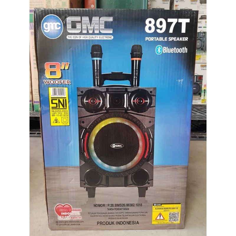 SPEAKER GMC 897T FREE | GRATIS 2 MIC WIRELESS FULL NGEBASS 8in Speaker Travel Karaoke ada roda