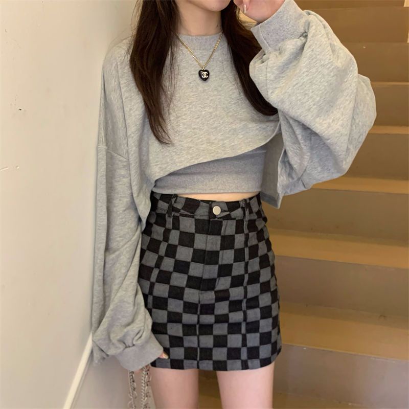 ❍♗☄Sweter pakaian wanita musim gugur pendek pullover longgar lengan panjang jaket suspender dengan bottoming kemeja merah muda atasan dua potong