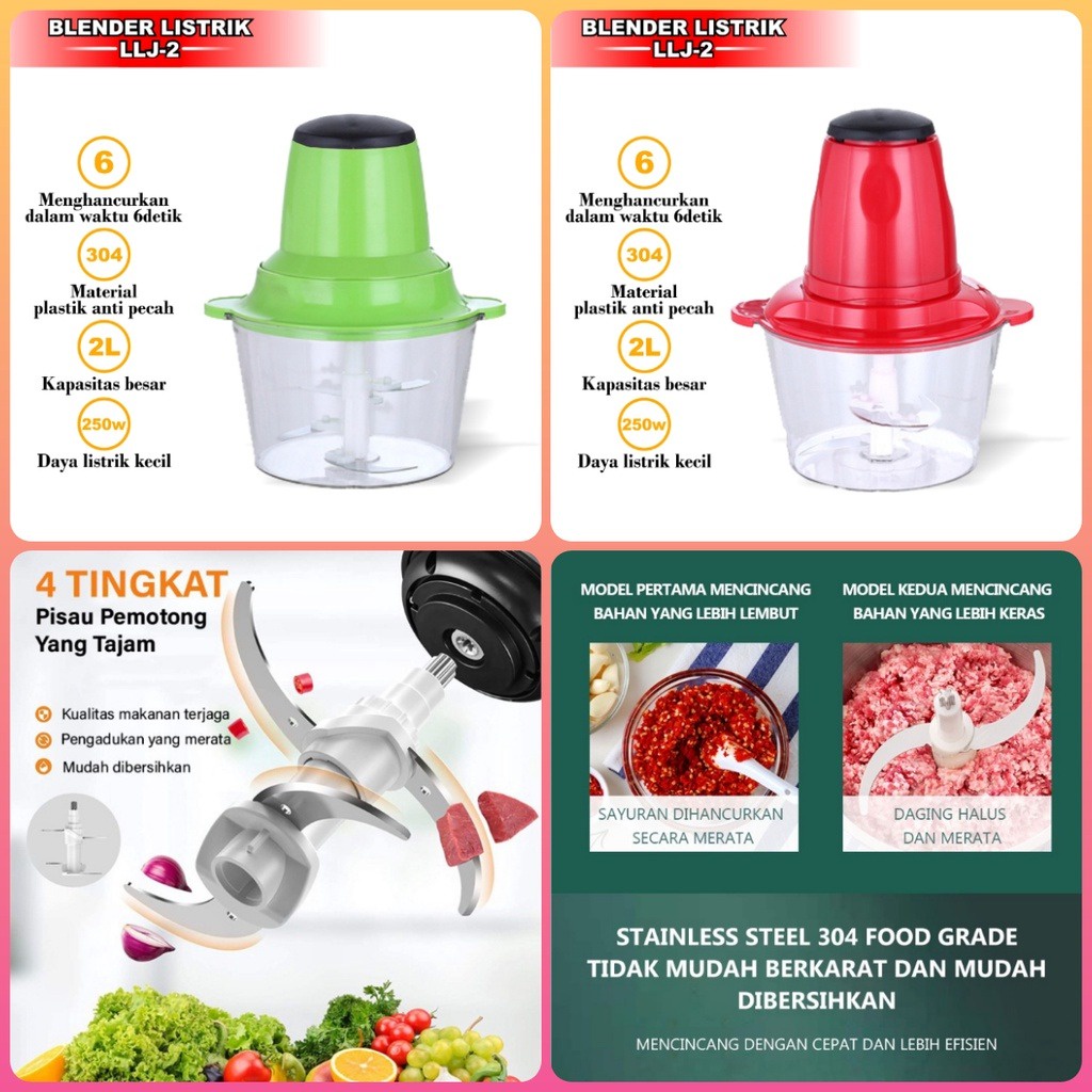 PROMO Blender daging kapasitas 2L plastik alat penggiling daging plastik stell multifungsi blender tahan karat-COD