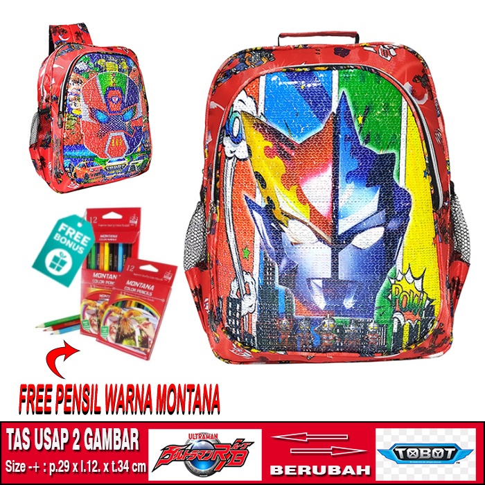 TAS RANSEL SEQUIN / USAP 2 GAMBAR KARAKTER ULTRAMAN - TOBOT ANAK SEKOLAH TK / SD