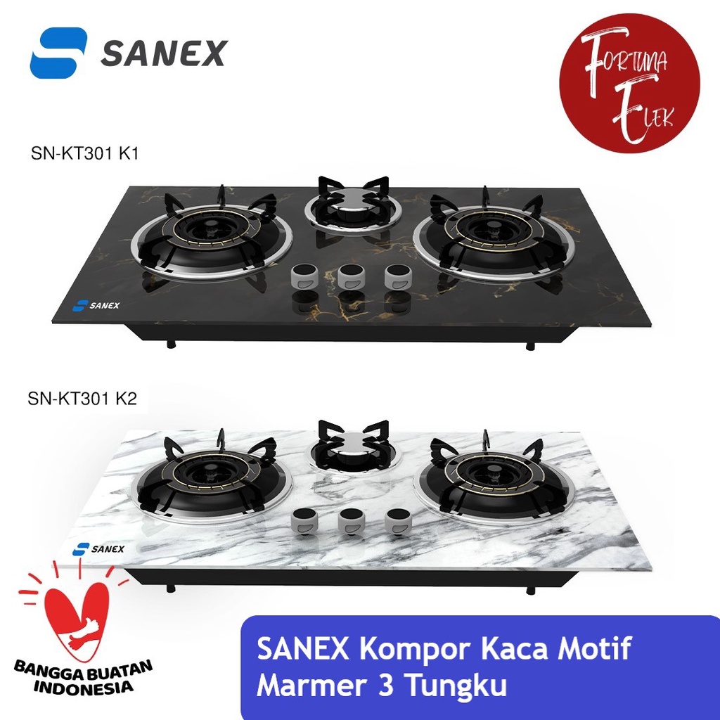 SANEX Kompor Tanam &amp; Meja Kaca 3 Tungku 2 In 1 Marble Series SN-KT301 Api Tornado Warna Hitam &amp; Putih Marmer