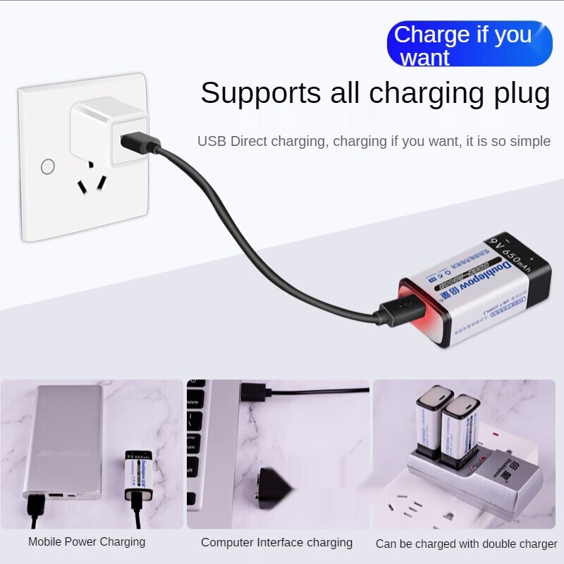 DOUBLEPOW Baterai 9V 650mAH Rechargeable, cass ulang dengan MicroUSB (kepala charger HP) baterai microphone dan alat elektronik bisa di cass ulang batre batu batrei bateray barey doble pow untuk remote RC atau Microphone wireless multimeter, gitar listrik