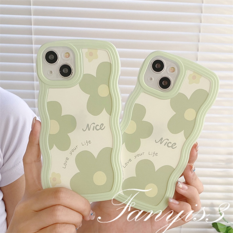 Compatible For iPhone 14 13 12 11 Pro Max X XR Xs Max 8 7 6 6s Plus SE 2020 Kompatibel Untuk Ins Green Floret Flowers Wave Frame Phone Case TPU Soft Cover