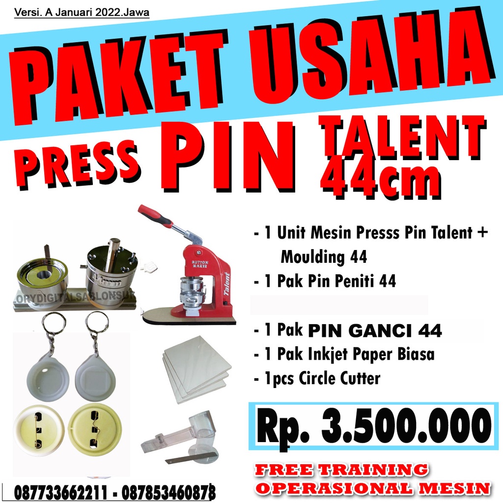 PAKET USAHA PRESS PIN MOULDING 44MM / MESIN PRESS PIN TALENT / MOULDING TALENT 44MM/ PIN BROSS 44MM