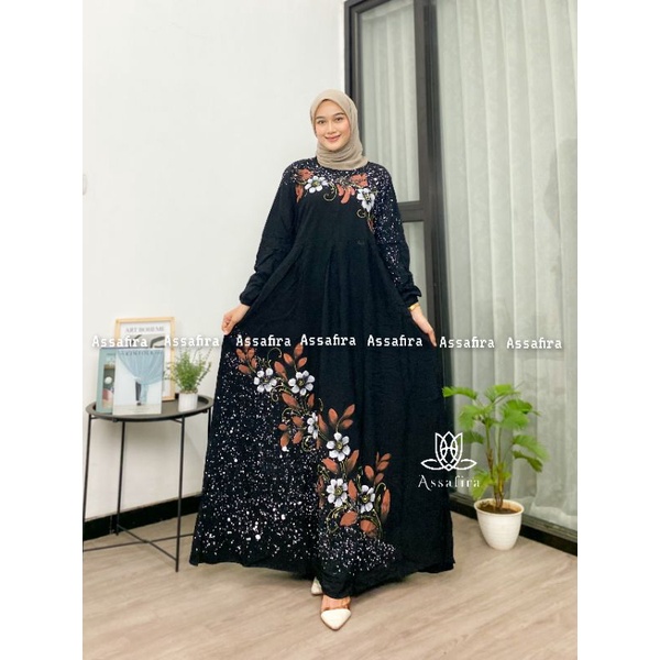 GAMIS TWILL LUKIS TERBARU KAIN ADEM DAN TEBAL DRESS DAILY KEKINIAN FASHION WANITA GAMIS RAYON ORI CANDIMEKAR MALAMAN