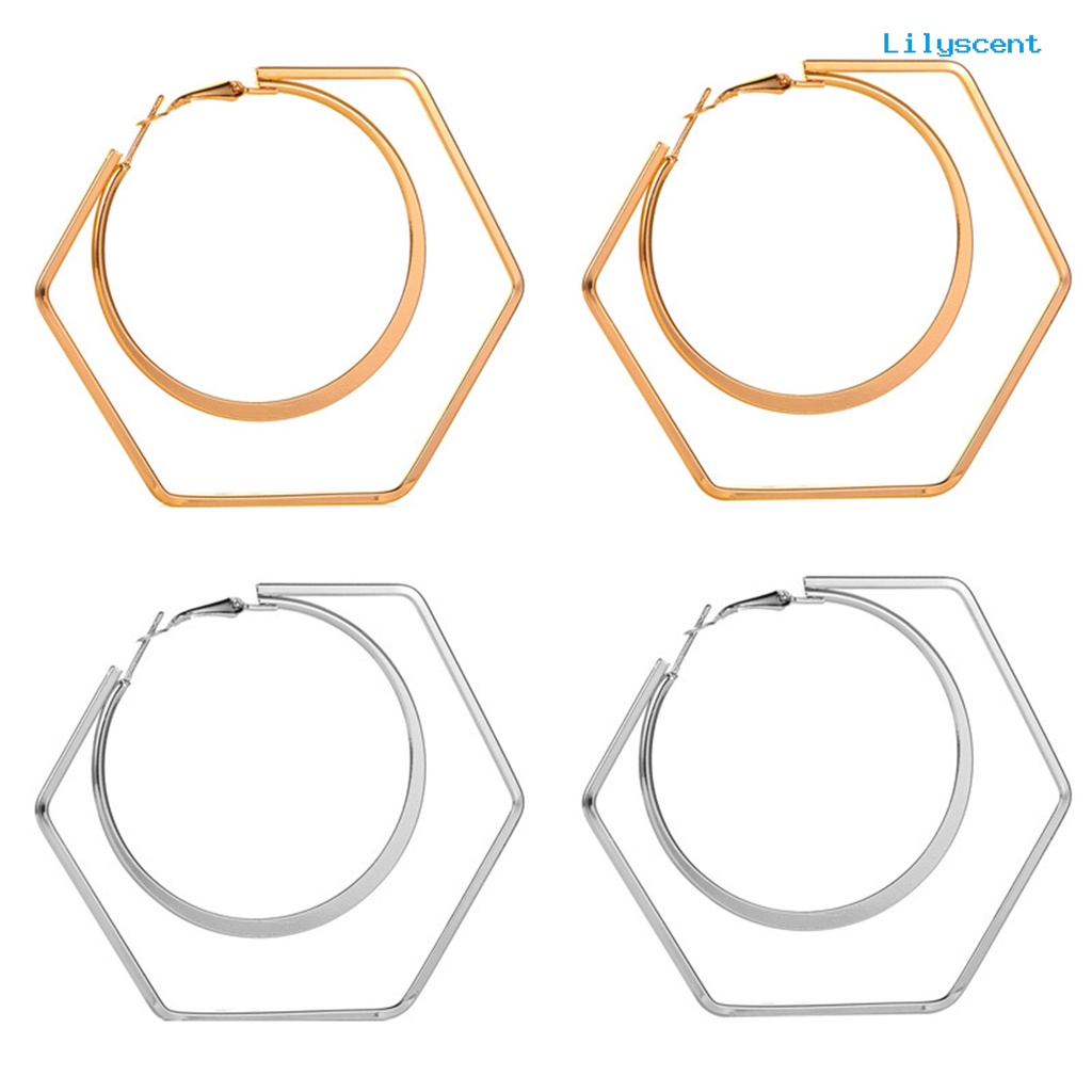 [LS] 1pasang Unik Wanita Berlebihan Geometri Putaran Besar Hexagon Drop Earring Perhiasan Aksesori Untuk Belanja