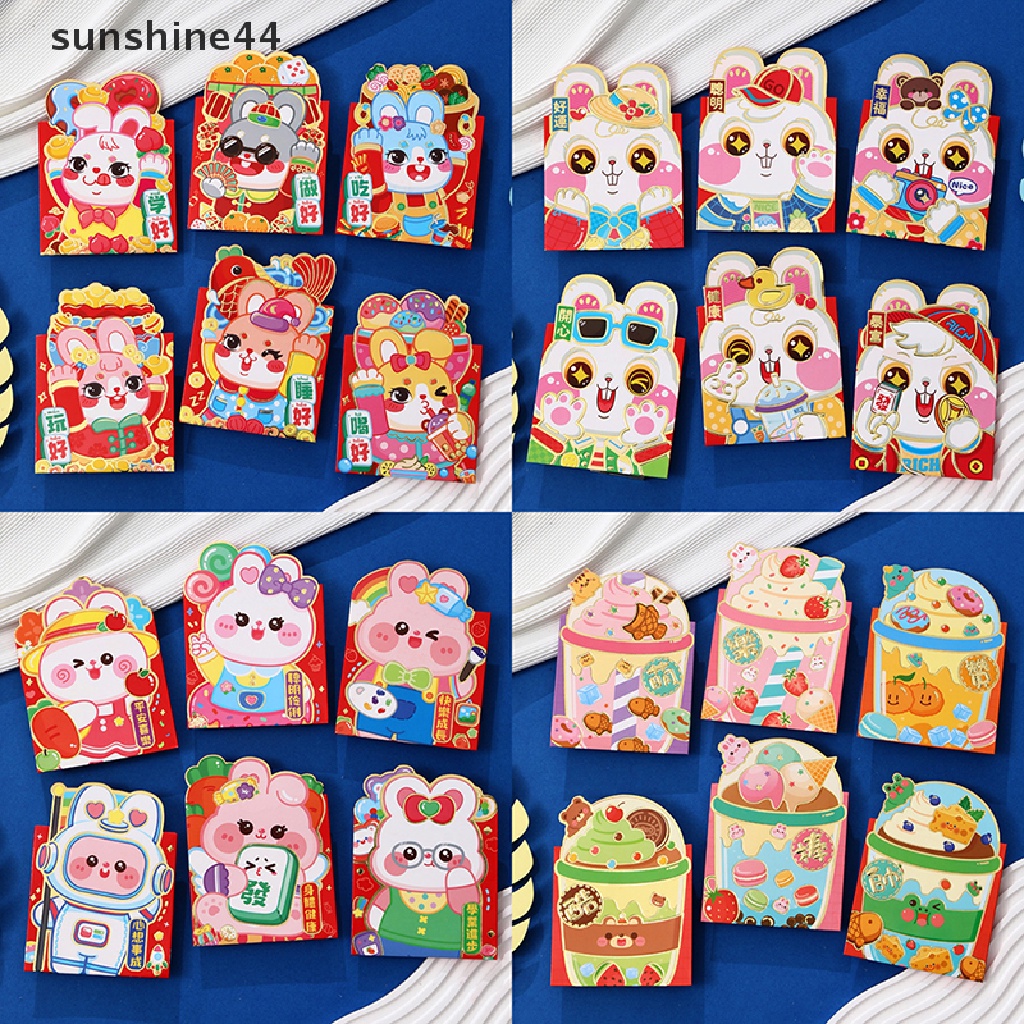 Sunshine 6pcs 2023tahun Kelinci Merah Amplop Tahun Baru Cina Beruntung Kantong Uang Pola Kartun Festival Musim Semi Pernikahan Amplop Hadiah Merah.