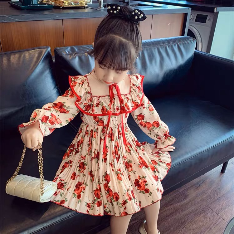 Dress Anak Perempuan Import Plisket Motif Bunga Merah