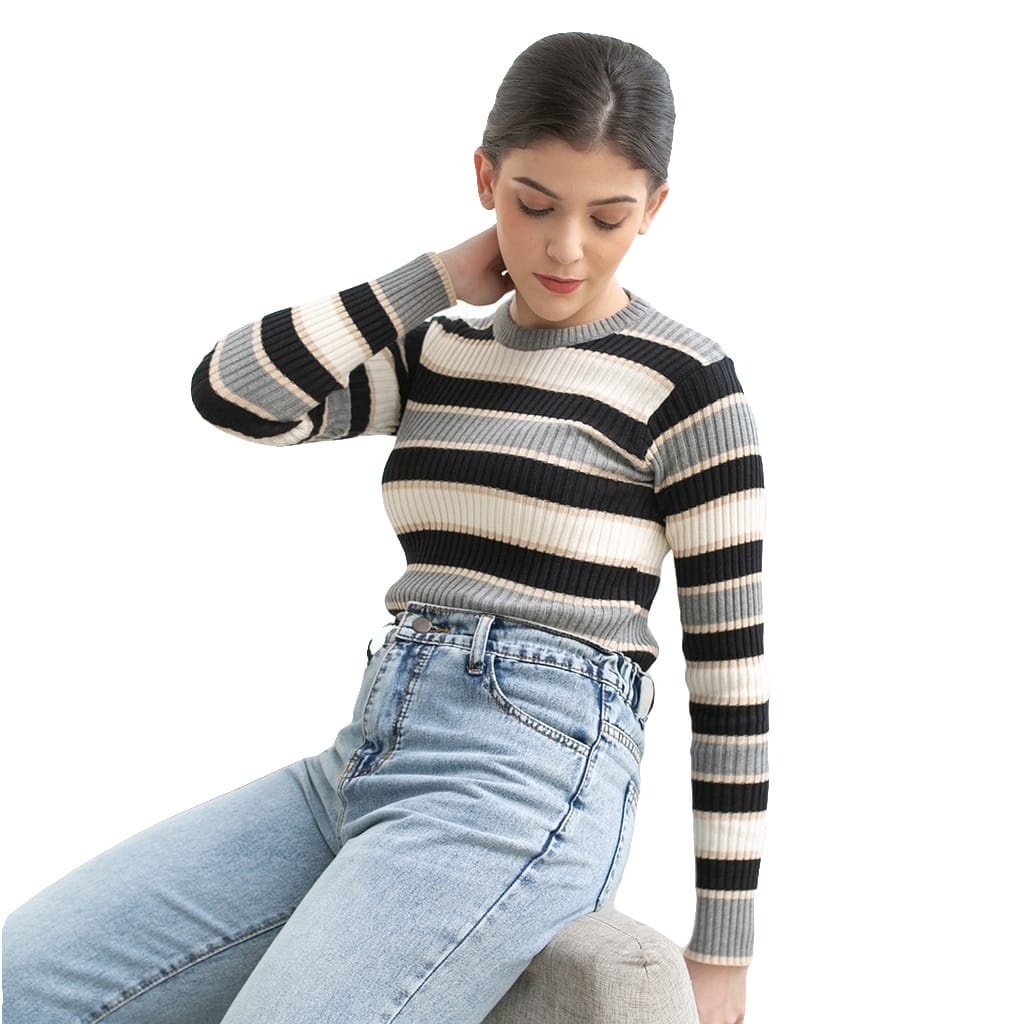 BEFAST - ZEC OOTD WANITA SWEATER RJT ACA / RJT Bica Knit Inner Sweater / Sweater Rajut Motif Garis-Garis Trendy / Fashion Kekinian Wanita / OOTD Wanita Kerja/Kampus / Sweater Rajut Termurah / Pakaian Casual Wanita / Outfit Inner Wanita Hijab Style