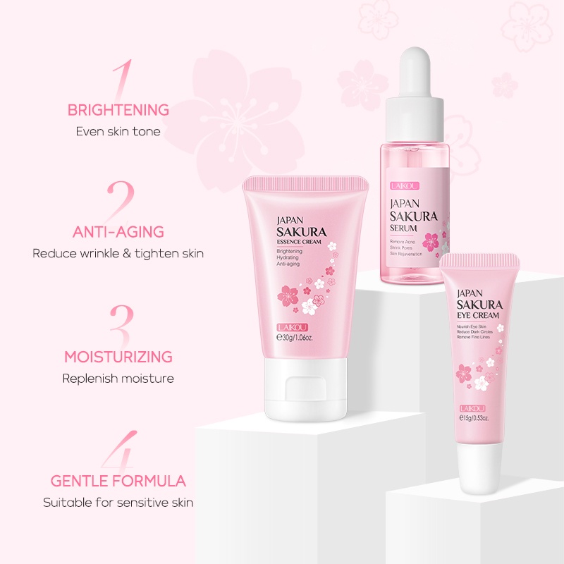 LAIKOU Sakura 3pcs Skin Care Set Serum Mengencangkan Pori-pori Krim Pelembap Memudarkan Noda Krim Mata Memudarkan Kerutan