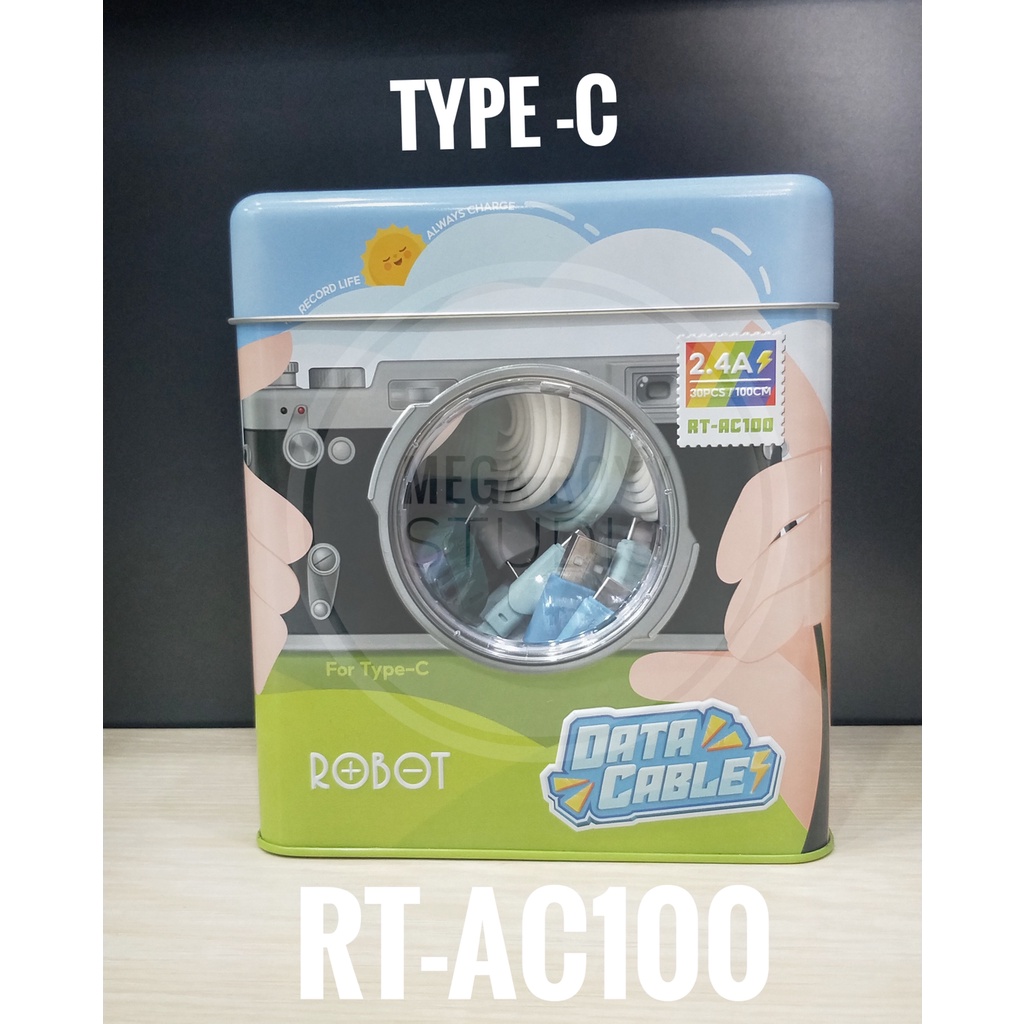 (1 Kaleng isi 30pcs)Robot Data Cable RT-AC100 Colorful USB Kabel Data Fast Charging TYPE-C free toples celengan cantik by.sultan