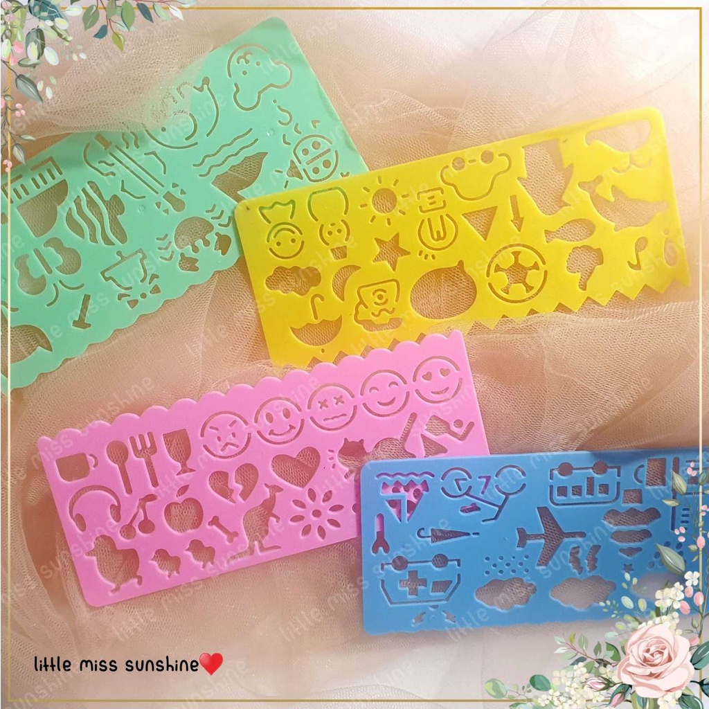 Penggaris Karakter Aneka Template Pola Smile Heart Green Hijau Yellow Kuning Pink Blue Biru Pattern Design Patrun Wheel Bundar Bulat Bulet Membuat Kesenian Seni Sekolah Grafik Bunga Flower Ulir Roll Rol Angka Huruf grosir termurah Little Miss Sunshine