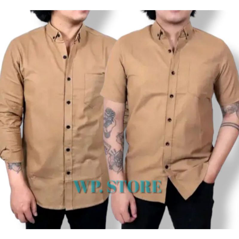 Kemeja polos pria hem cowok lengan panjang pendek slimfit WARNA COKSU COKLAT SUSU
