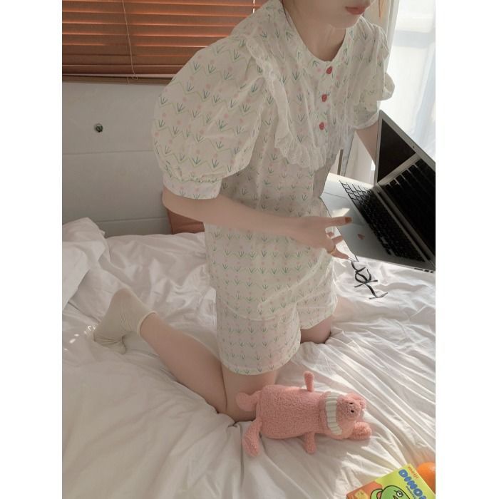 Boneka leher piyama manis wanita musim panas 2022 renda renda renda bunga Prancis baru memakai set00