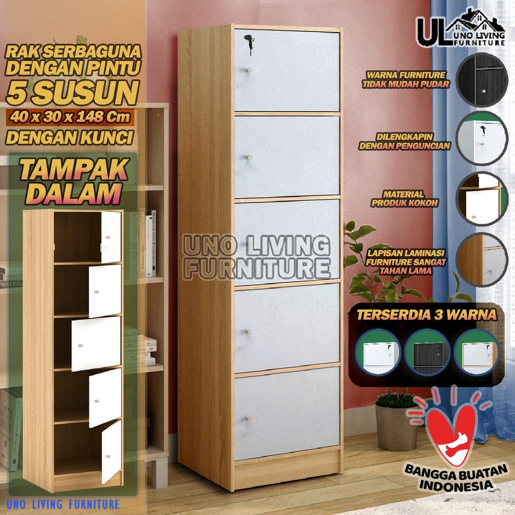 JTR - LEMARI RAK SERBAGUNA KAYU RSG PINTU 5 SUSUN DENGAN KUNCI TERBARU MURAH LEMARI BUKU