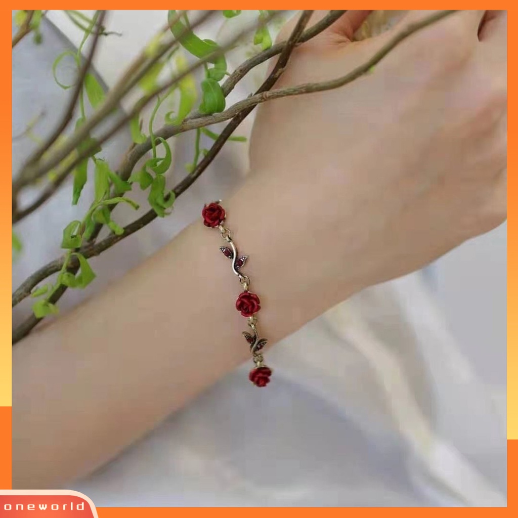 [ONE] 1set Wanita Rose Kalung Gaya Perancis Retro Elegan Rantai Emas Peri Hadiah Adjustable Bunga Merah Gelang Stud Anting Kit Perhiasan Aksesoris