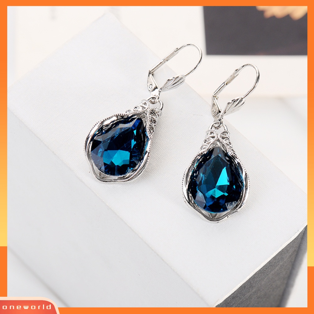 {oneworld} Fashion Wanita Teardrop Faux Sapphire Menjuntai Leverback Earrings Perhiasan Hadiah