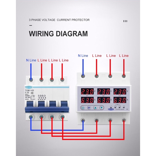 Protector 3P+N 63A 100A Over Under Voltage Curent Automatic Recovery Relay